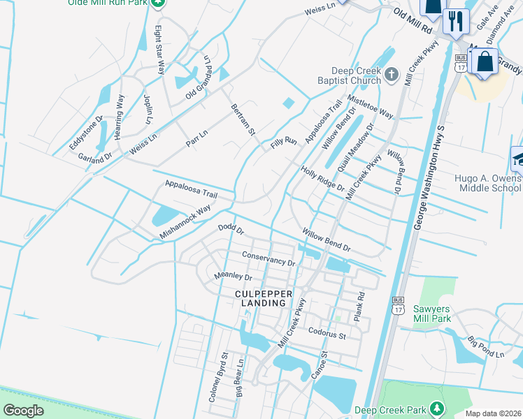 map of restaurants, bars, coffee shops, grocery stores, and more near 3302 Firebird Court in Chesapeake