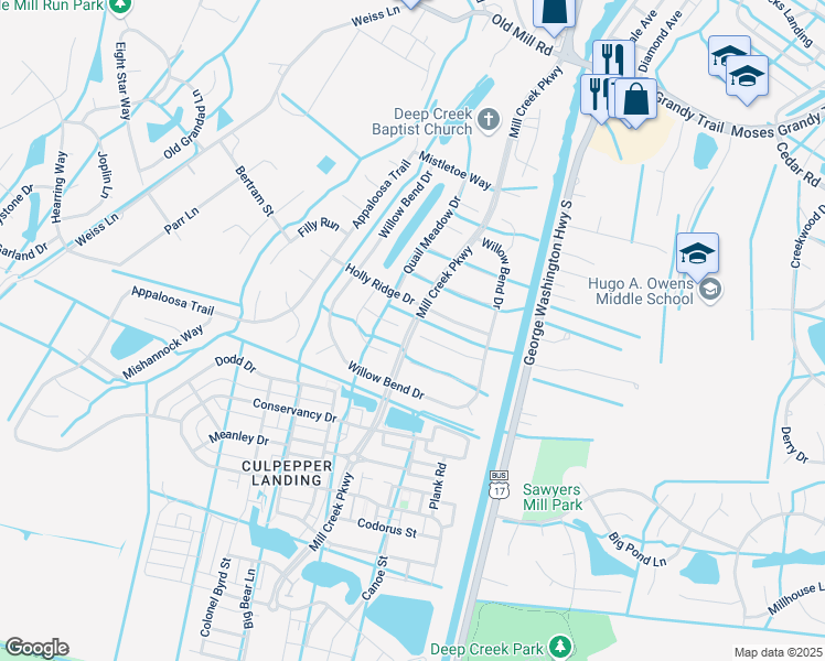 map of restaurants, bars, coffee shops, grocery stores, and more near Mill Creek Parkway in Chesapeake