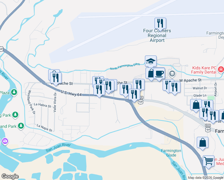 map of restaurants, bars, coffee shops, grocery stores, and more near 2001 West Apache Street in Farmington