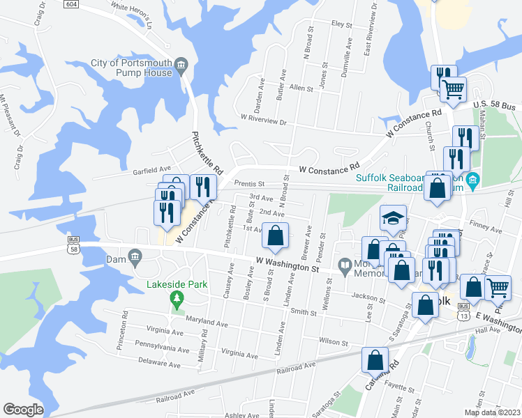 map of restaurants, bars, coffee shops, grocery stores, and more near 656 2nd Avenue in Suffolk