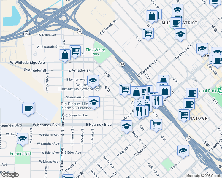 map of restaurants, bars, coffee shops, grocery stores, and more near 1628 A Street in Fresno