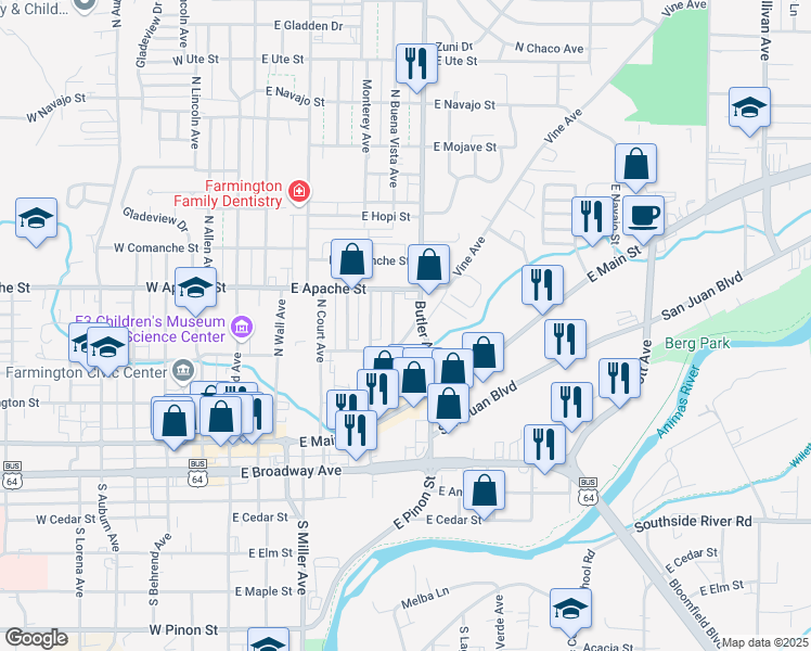 map of restaurants, bars, coffee shops, grocery stores, and more near 610 East La Plata Street in Farmington