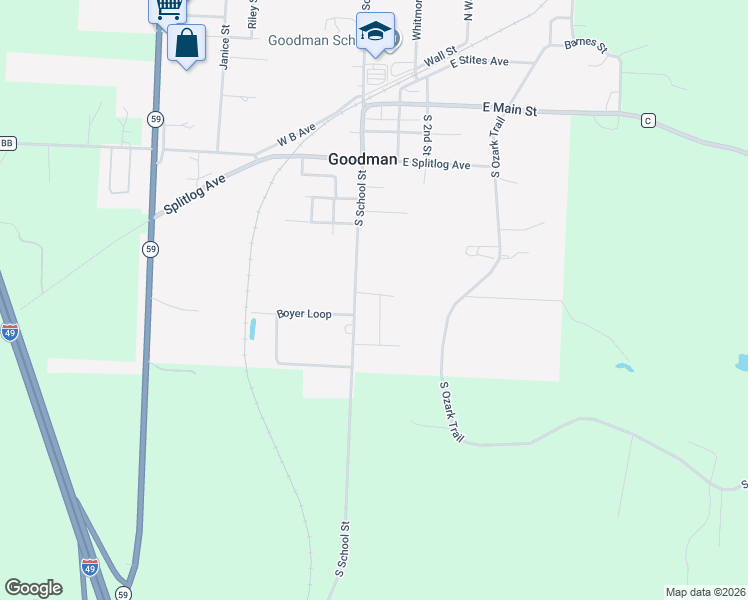 map of restaurants, bars, coffee shops, grocery stores, and more near 210-214 South School Street in Goodman