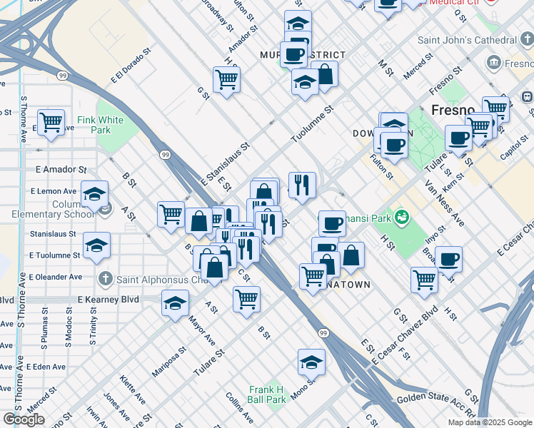 map of restaurants, bars, coffee shops, grocery stores, and more near 1420 Tuolumne Street in Fresno