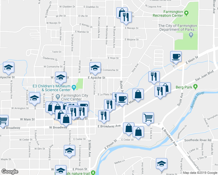 map of restaurants, bars, coffee shops, grocery stores, and more near 312 North Monterey Avenue in Farmington