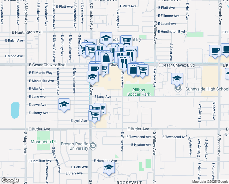 map of restaurants, bars, coffee shops, grocery stores, and more near 4864 East Kings Canyon Road in Fresno