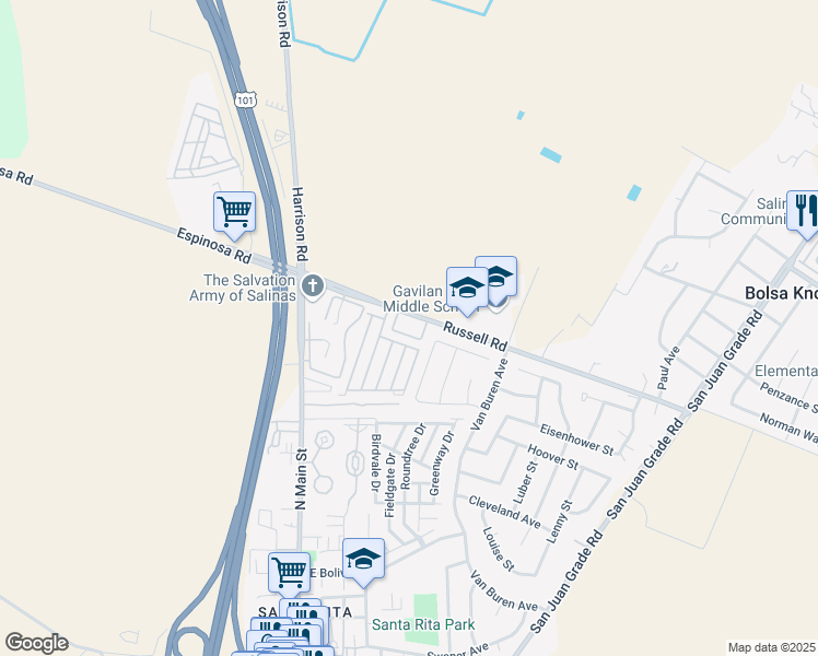 map of restaurants, bars, coffee shops, grocery stores, and more near 46 Russell Road in Salinas