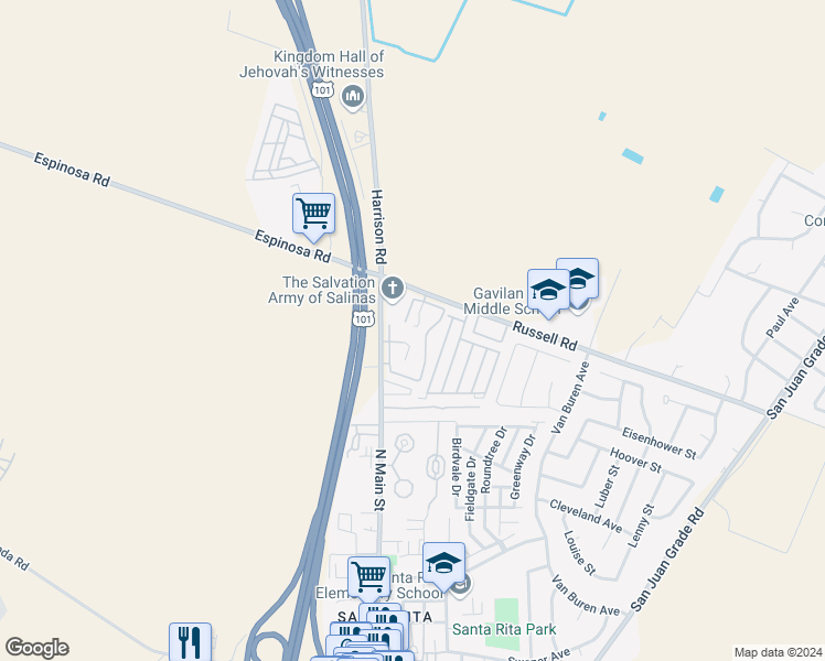 map of restaurants, bars, coffee shops, grocery stores, and more near 2438 North Main Street in Salinas