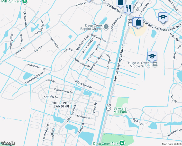 map of restaurants, bars, coffee shops, grocery stores, and more near 3201 Holly Ridge Drive in Chesapeake