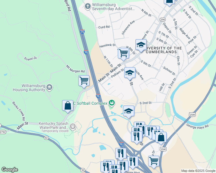 map of restaurants, bars, coffee shops, grocery stores, and more near 1209 Main Street in Williamsburg