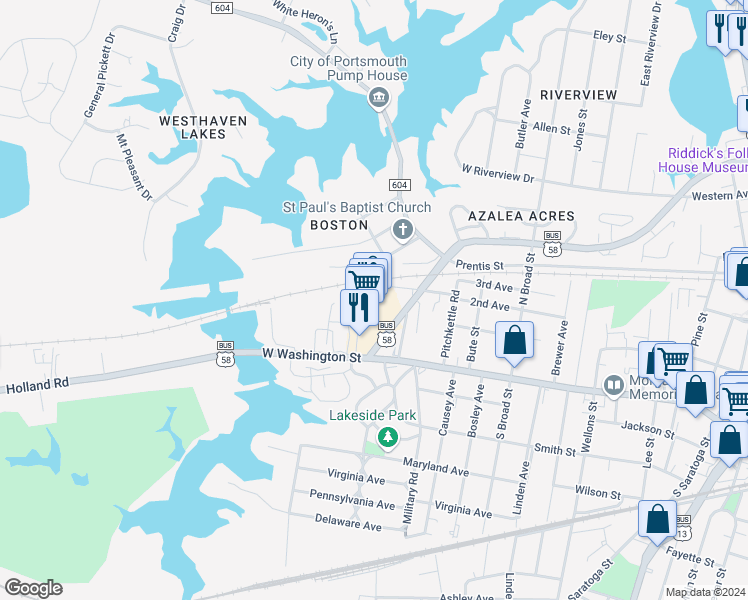 map of restaurants, bars, coffee shops, grocery stores, and more near 813 West Constance Road in Suffolk