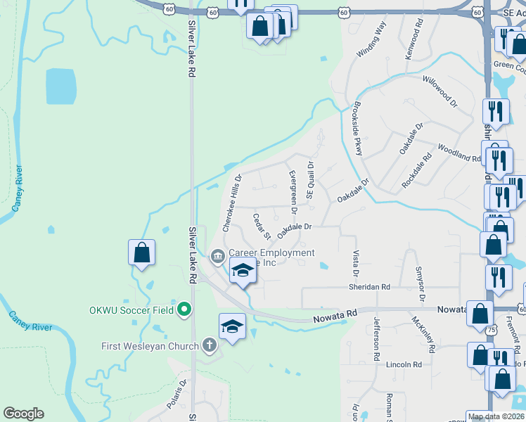 map of restaurants, bars, coffee shops, grocery stores, and more near 1358 Cherokee Hills Court in Bartlesville
