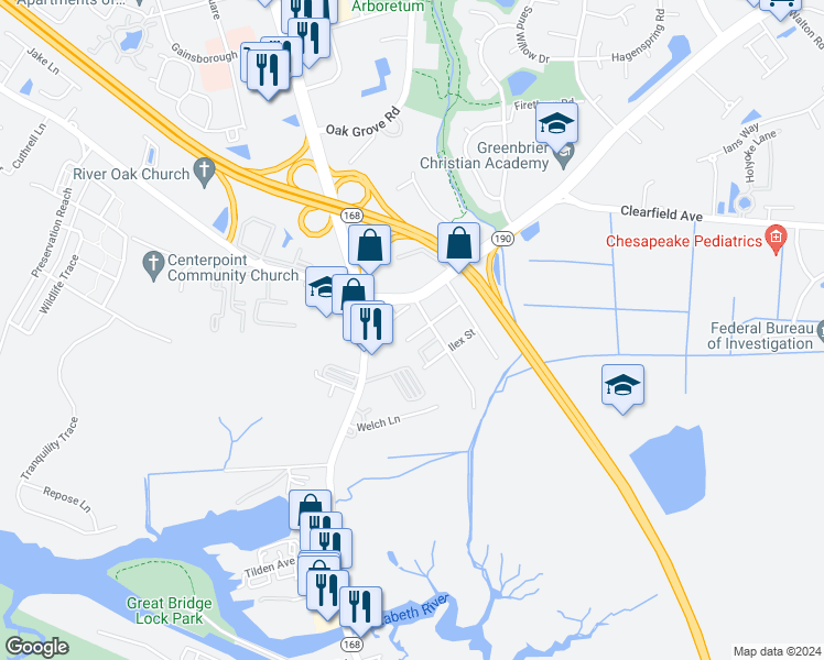 map of restaurants, bars, coffee shops, grocery stores, and more near 116 Taxus Street in Chesapeake