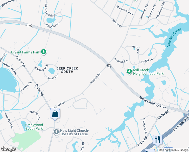 map of restaurants, bars, coffee shops, grocery stores, and more near 2088 Millville Road in Chesapeake