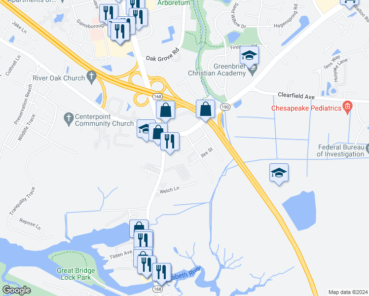 map of restaurants, bars, coffee shops, grocery stores, and more near 116 Taxus Street in Chesapeake