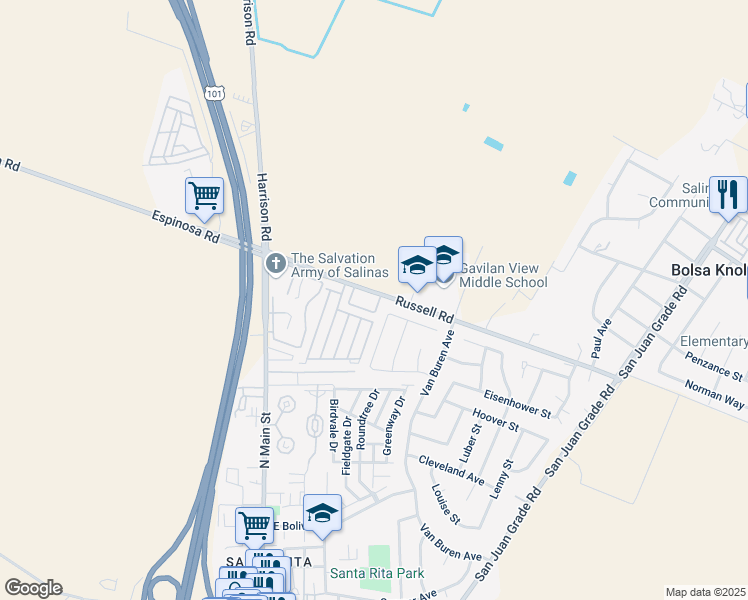 map of restaurants, bars, coffee shops, grocery stores, and more near 46 Russell Road in Salinas