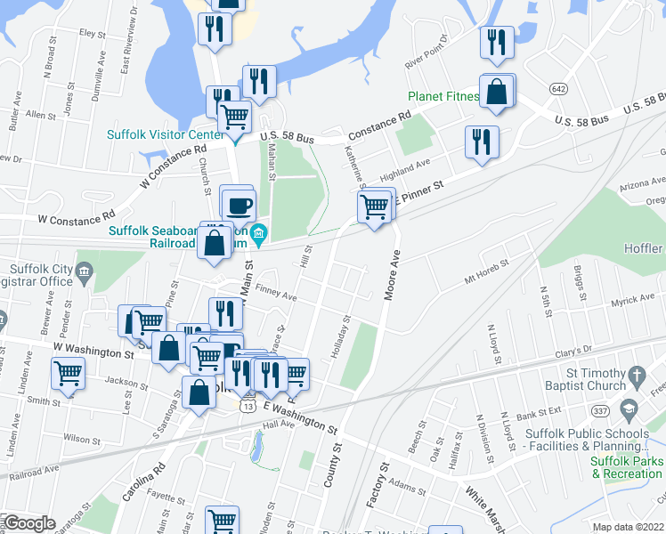 map of restaurants, bars, coffee shops, grocery stores, and more near 316 Pinner Street in Suffolk