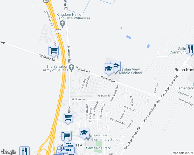 map of restaurants, bars, coffee shops, grocery stores, and more near 42 Russell Road in Salinas