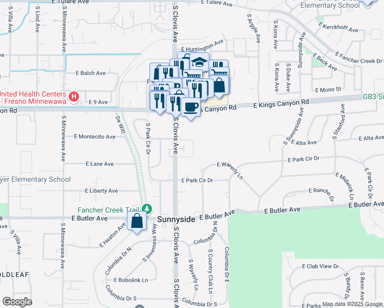 map of restaurants, bars, coffee shops, grocery stores, and more near 5626 East Kings Canyon Road in Fresno