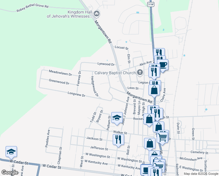 map of restaurants, bars, coffee shops, grocery stores, and more near 445 Sunset Circle in Franklin