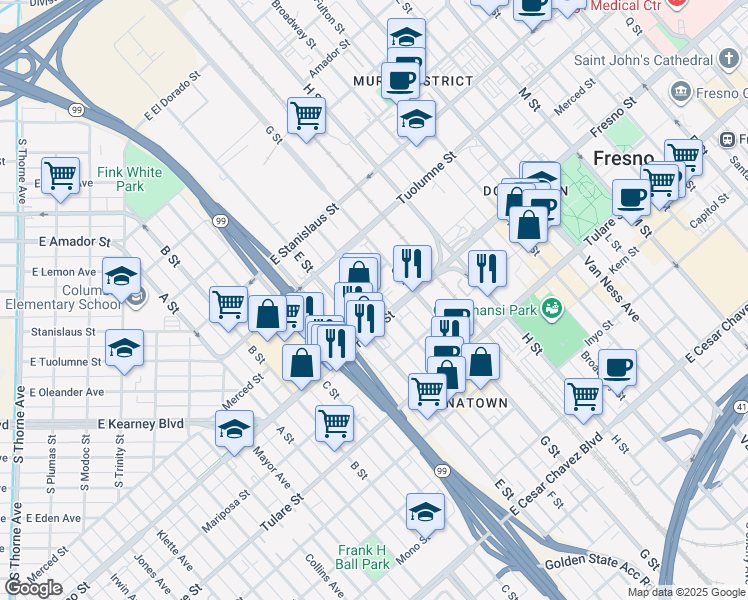 map of restaurants, bars, coffee shops, grocery stores, and more near 1435 Fresno Street in Fresno