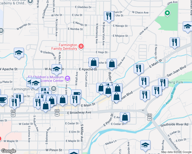 map of restaurants, bars, coffee shops, grocery stores, and more near 321 North Loma Linda Avenue in Farmington