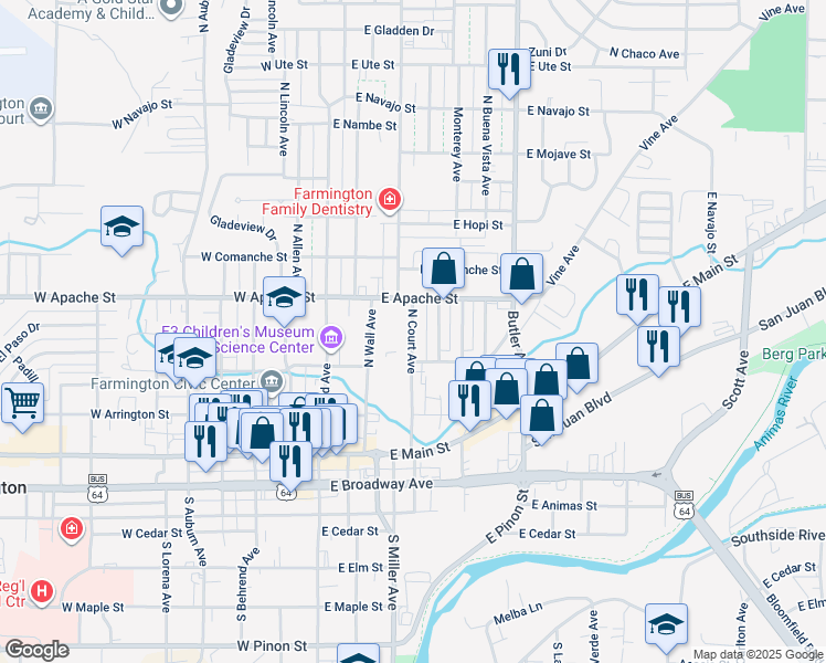 map of restaurants, bars, coffee shops, grocery stores, and more near Farmington Avenue in Farmington