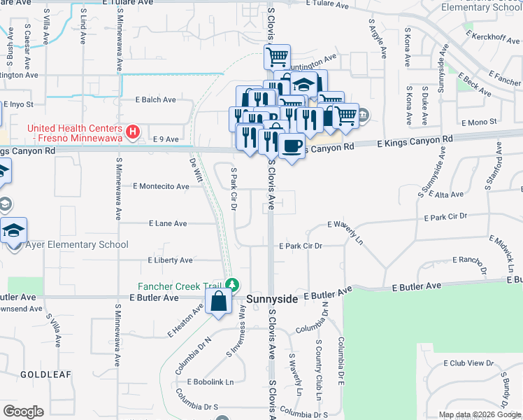 map of restaurants, bars, coffee shops, grocery stores, and more near 912 South Clovis Avenue in Fresno
