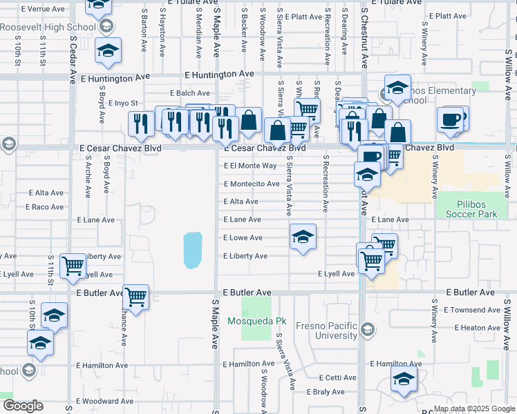 map of restaurants, bars, coffee shops, grocery stores, and more near 4645 East Alta Avenue in Fresno