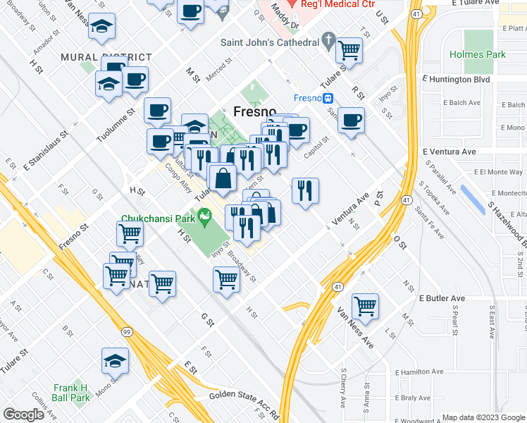 map of restaurants, bars, coffee shops, grocery stores, and more near 2127 Inyo Street in Fresno