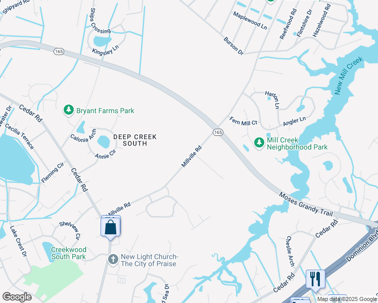 map of restaurants, bars, coffee shops, grocery stores, and more near 2088 Millville Road in Chesapeake