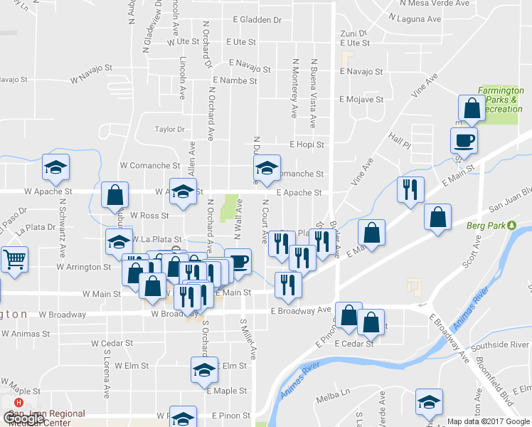 map of restaurants, bars, coffee shops, grocery stores, and more near Farmington Avenue in Farmington