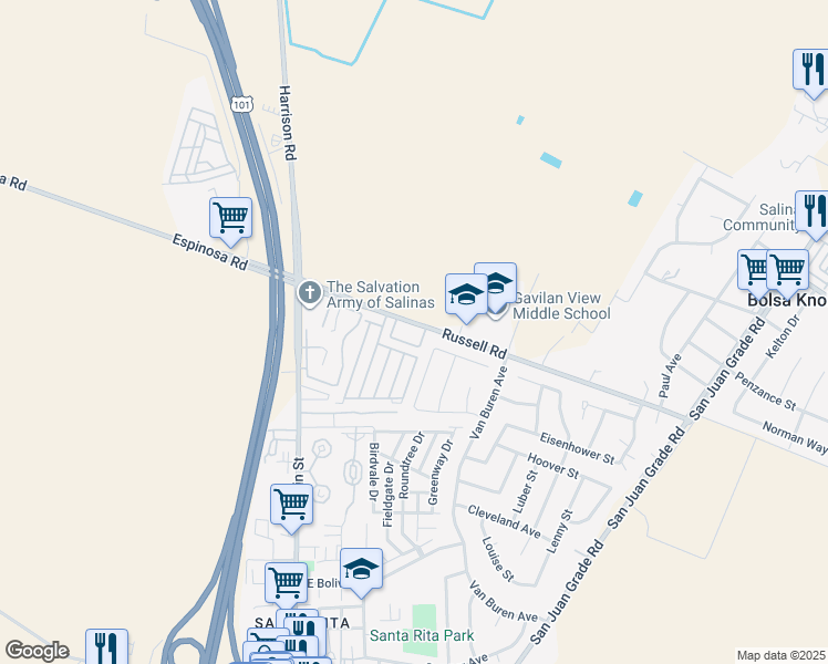 map of restaurants, bars, coffee shops, grocery stores, and more near 38 Russell Road in Salinas