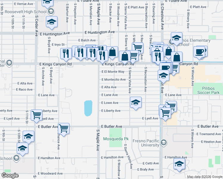 map of restaurants, bars, coffee shops, grocery stores, and more near 4642 E Alta Ave in Fresno