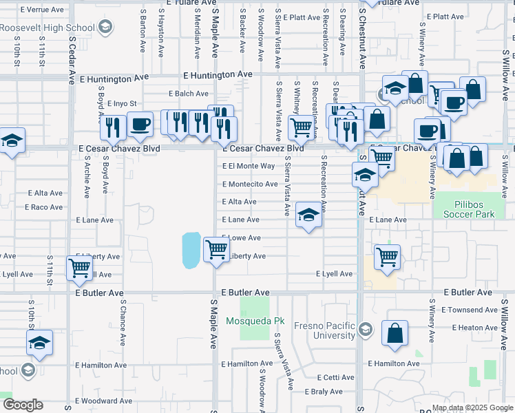 map of restaurants, bars, coffee shops, grocery stores, and more near 4645 East Alta Avenue in Fresno