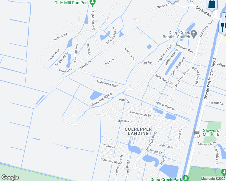 map of restaurants, bars, coffee shops, grocery stores, and more near 404 Mishannock Way in Chesapeake
