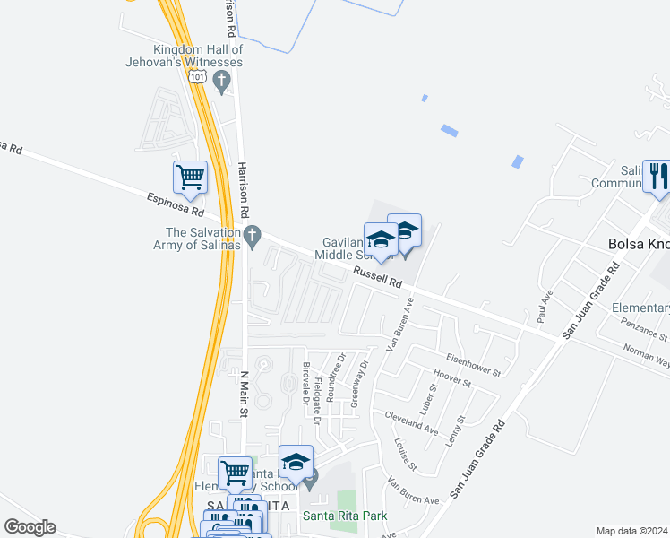 map of restaurants, bars, coffee shops, grocery stores, and more near 34 Russell Road in Salinas