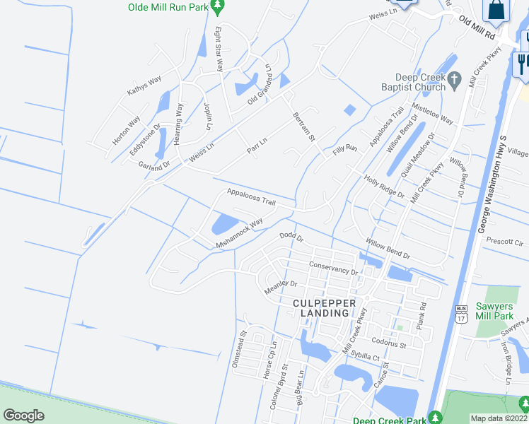 map of restaurants, bars, coffee shops, grocery stores, and more near 404 Mishannock Way in Chesapeake