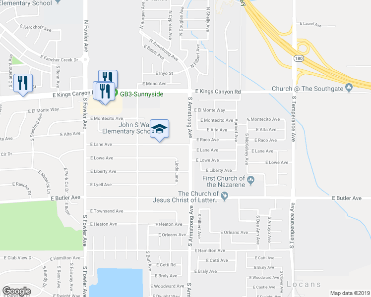 map of restaurants, bars, coffee shops, grocery stores, and more near 249 South Armstrong Avenue in Fresno