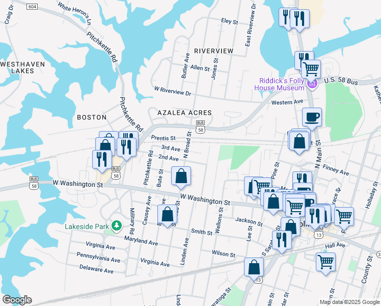map of restaurants, bars, coffee shops, grocery stores, and more near 308 North Broad Street in Suffolk