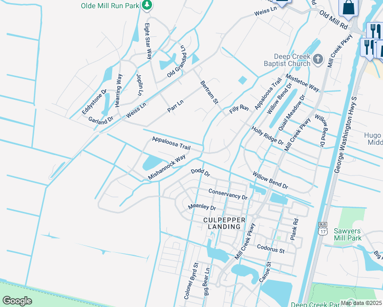 map of restaurants, bars, coffee shops, grocery stores, and more near 401 Mishannock Way in Chesapeake