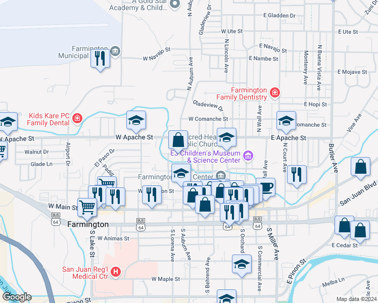 map of restaurants, bars, coffee shops, grocery stores, and more near 493 West Apache Street in Farmington