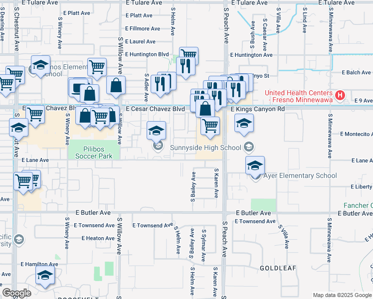 map of restaurants, bars, coffee shops, grocery stores, and more near 5145 East Lane Avenue in Fresno
