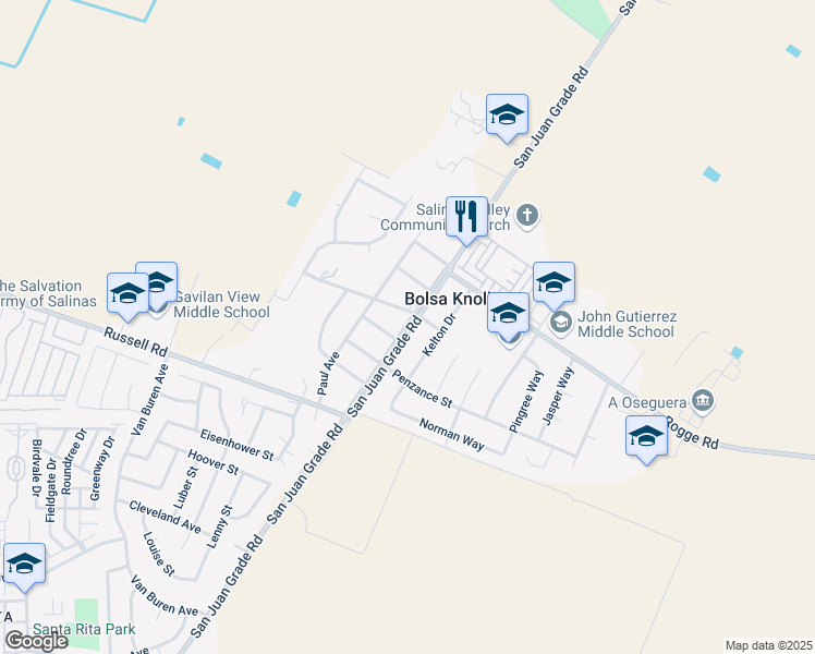 map of restaurants, bars, coffee shops, grocery stores, and more near 307 San Juan Grade Road in Salinas