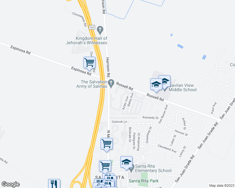 map of restaurants, bars, coffee shops, grocery stores, and more near 2438 North Main Street in Salinas