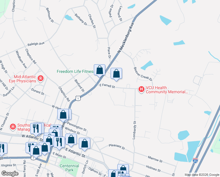 map of restaurants, bars, coffee shops, grocery stores, and more near 112 East Ferrell Street in South Hill