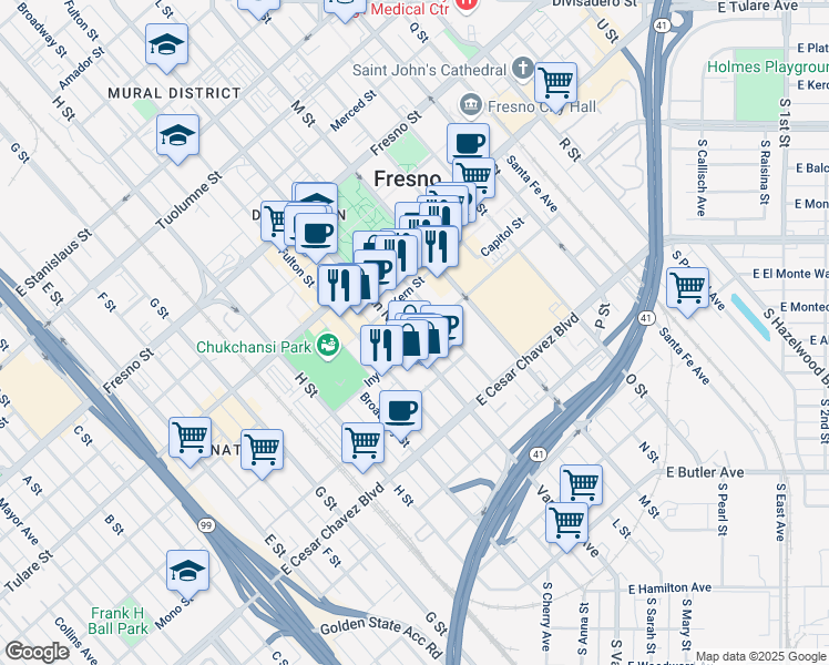 map of restaurants, bars, coffee shops, grocery stores, and more near 2127 Inyo Street in Fresno