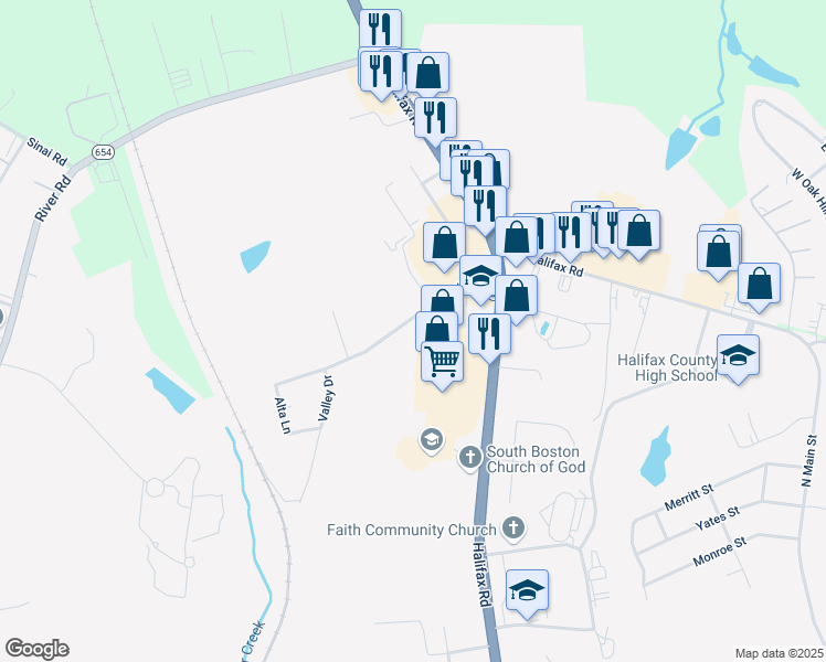 map of restaurants, bars, coffee shops, grocery stores, and more near 214-348 Powell Road in South Boston