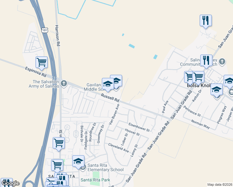 map of restaurants, bars, coffee shops, grocery stores, and more near 18250 Van Buren Avenue in Salinas
