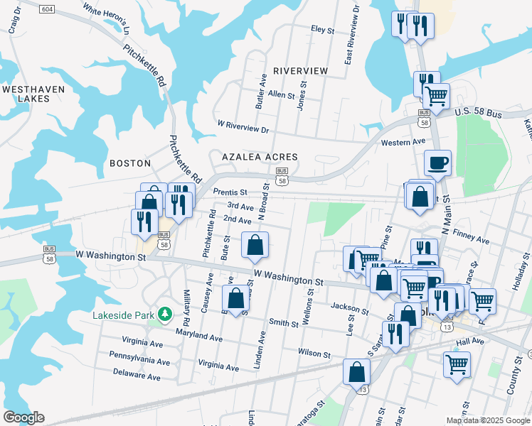 map of restaurants, bars, coffee shops, grocery stores, and more near 308 North Broad Street in Suffolk